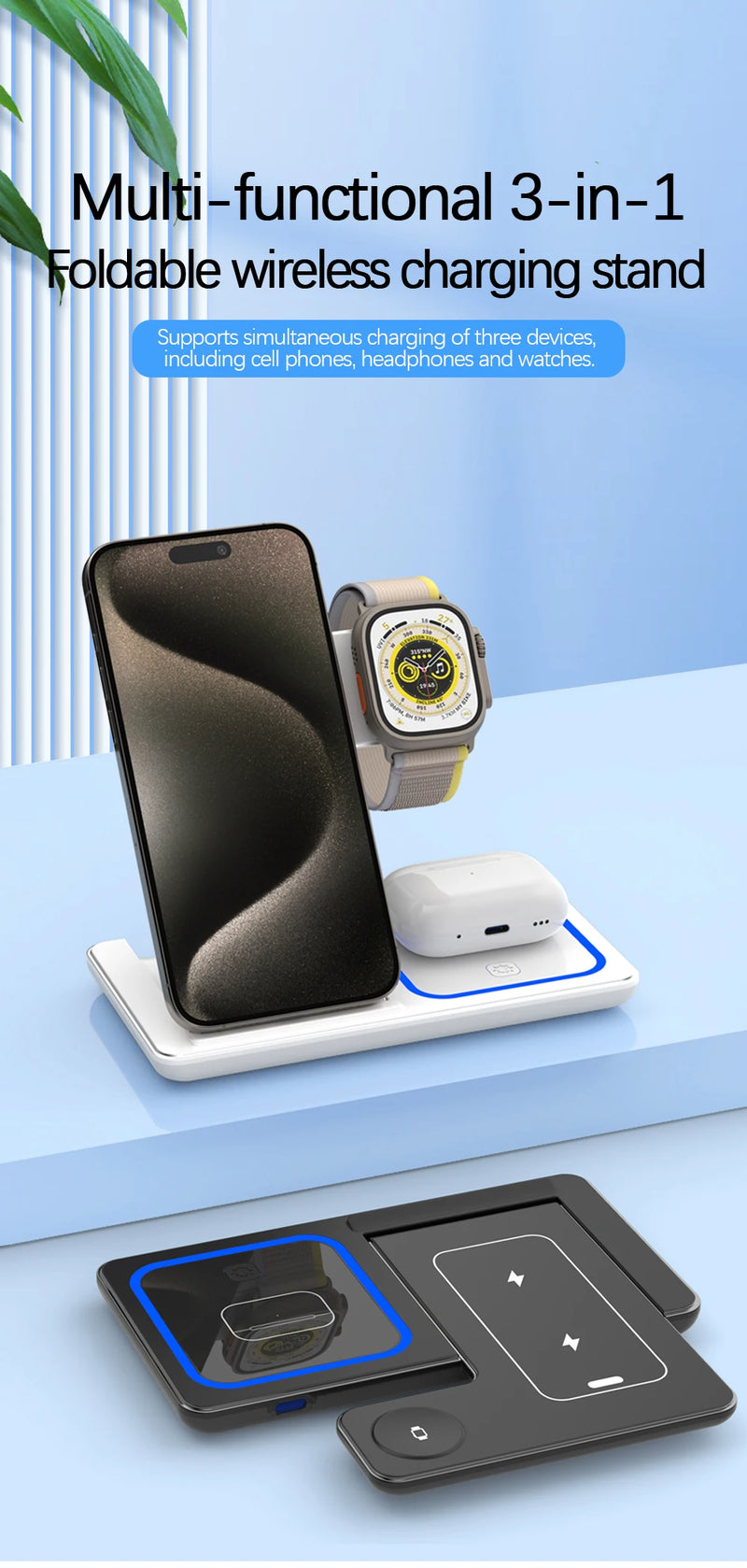 Carregador Sem Fio 30W  Suporte 3 em 1, Dobrável para iPhone 15 14 13 12 11, Apple Watch 9 8 7 6 5 e AirPods Pro