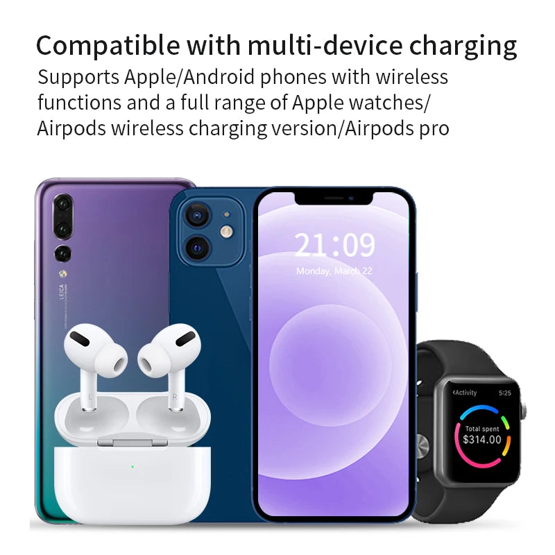 Carregador Sem Fio 30W  Suporte 3 em 1, Dobrável para iPhone 15 14 13 12 11, Apple Watch 9 8 7 6 5 e AirPods Pro